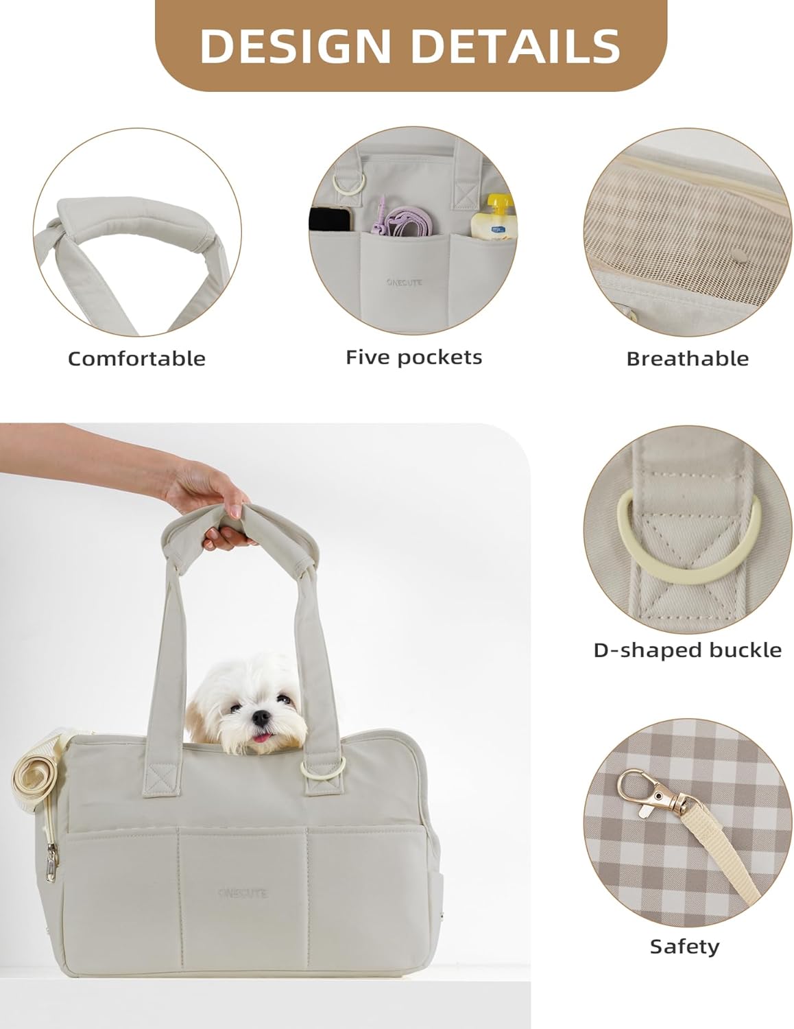 Dog Purse Carrier for Small Dogs Rabbit cat with Large Pockets, Cotton Bag, Dog Carrier Soft Sided, Collapsible Travel Puppy Carrier (Grey, 13.6" L x 6.5" W x 10" H)