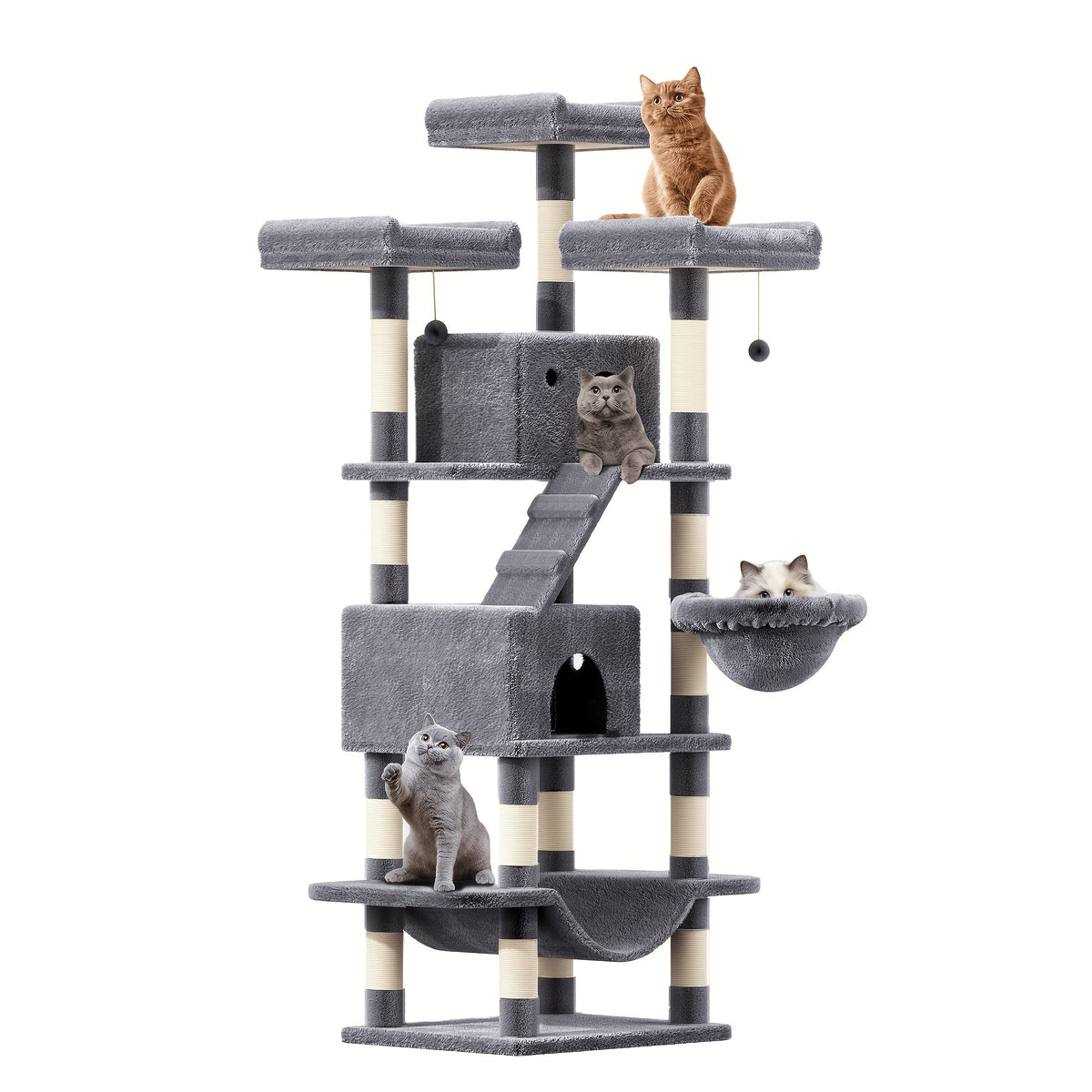 Large Multi-Level Cat Tree Tower – 68–81 Inch Tall Cat Condo with 2 Condos, 3 Plush Perches, Scratching Posts & Cat Hair Brush